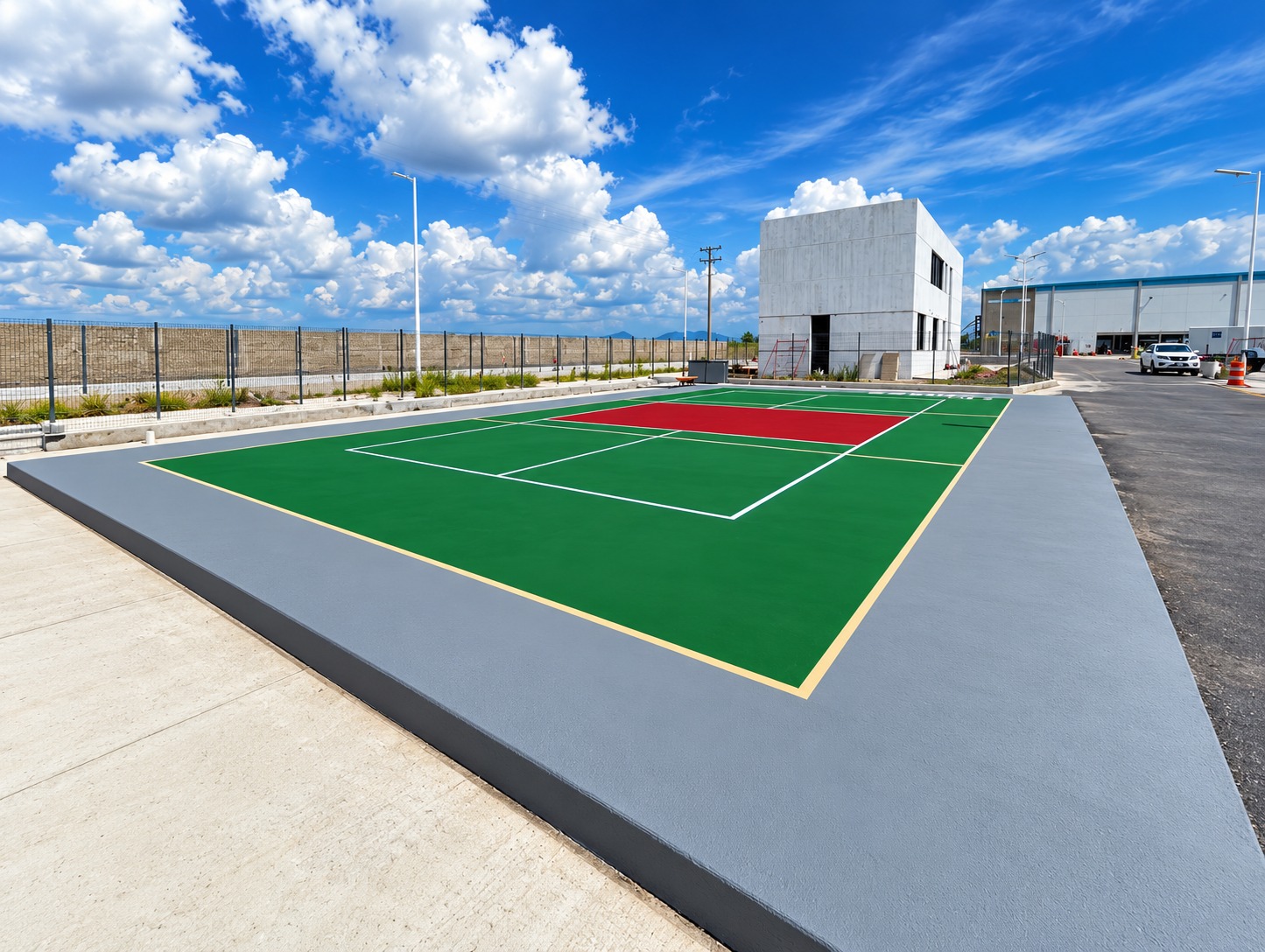 Cancha de pickleball corporativa en parque industrial de Guadalajara — construcción CanchasdePickleball.mx