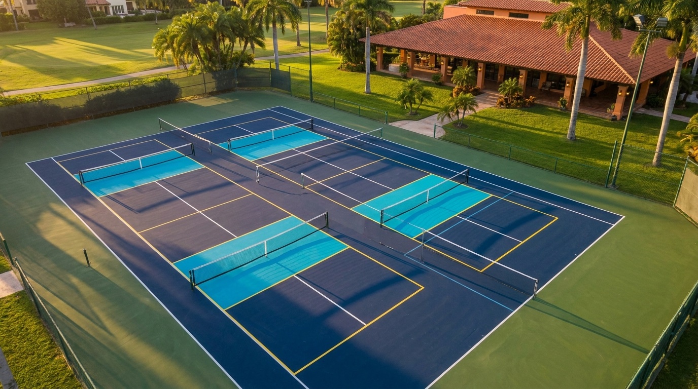 Cancha de tenis convertida en 4 canchas de pickleball oficiales — vista aérea club deportivo México