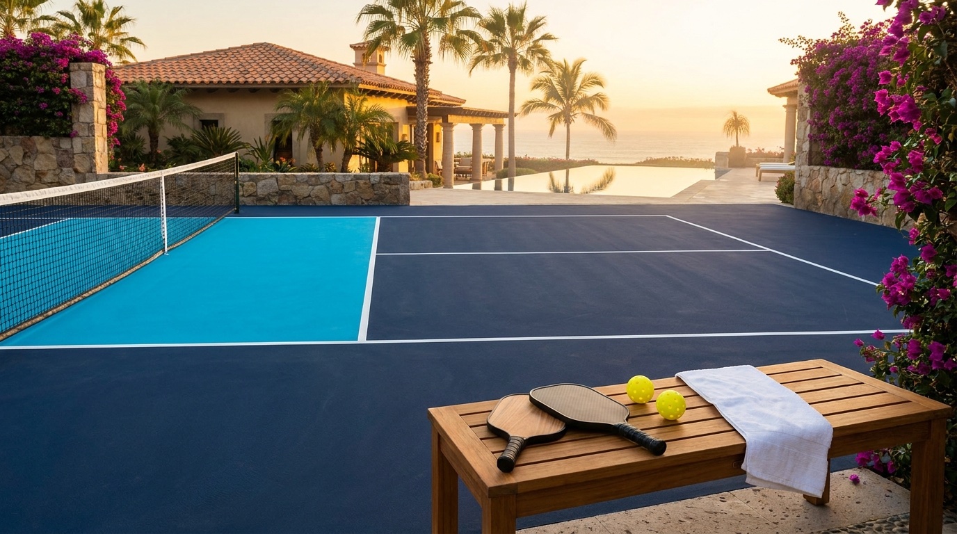 Cancha de pickleball residencial premium con palas y pelotas en banca de teca