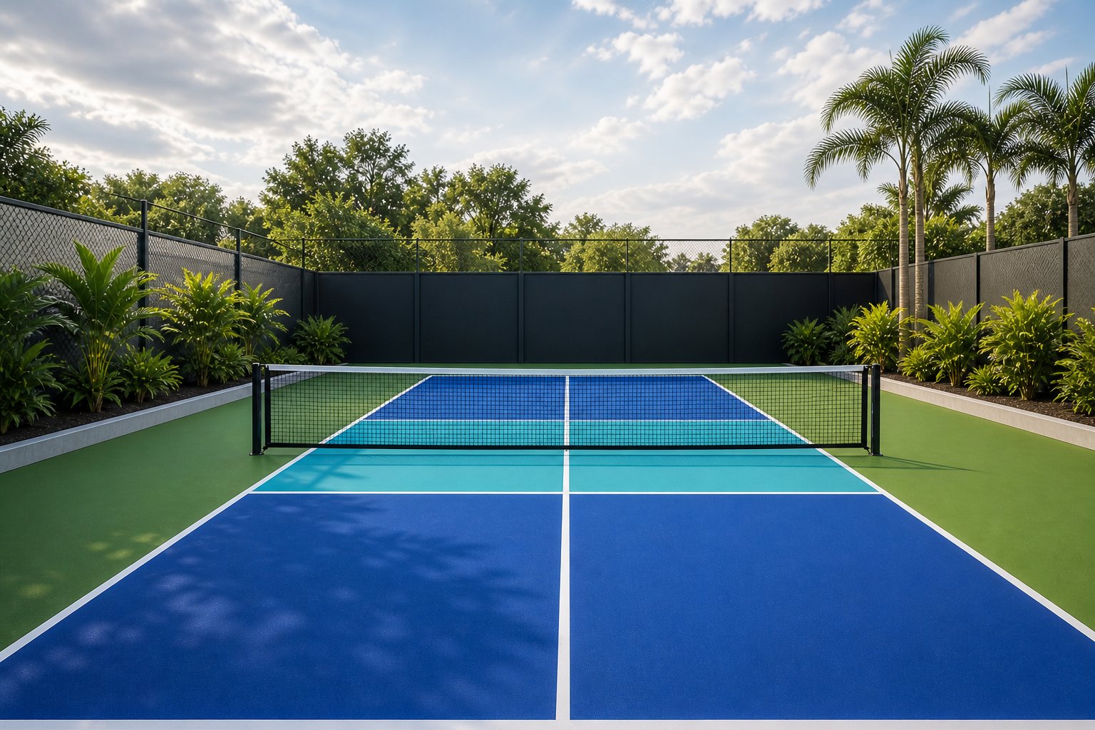 Cancha de pickleball en jardín residencial mexicano con palmeras al atardecer