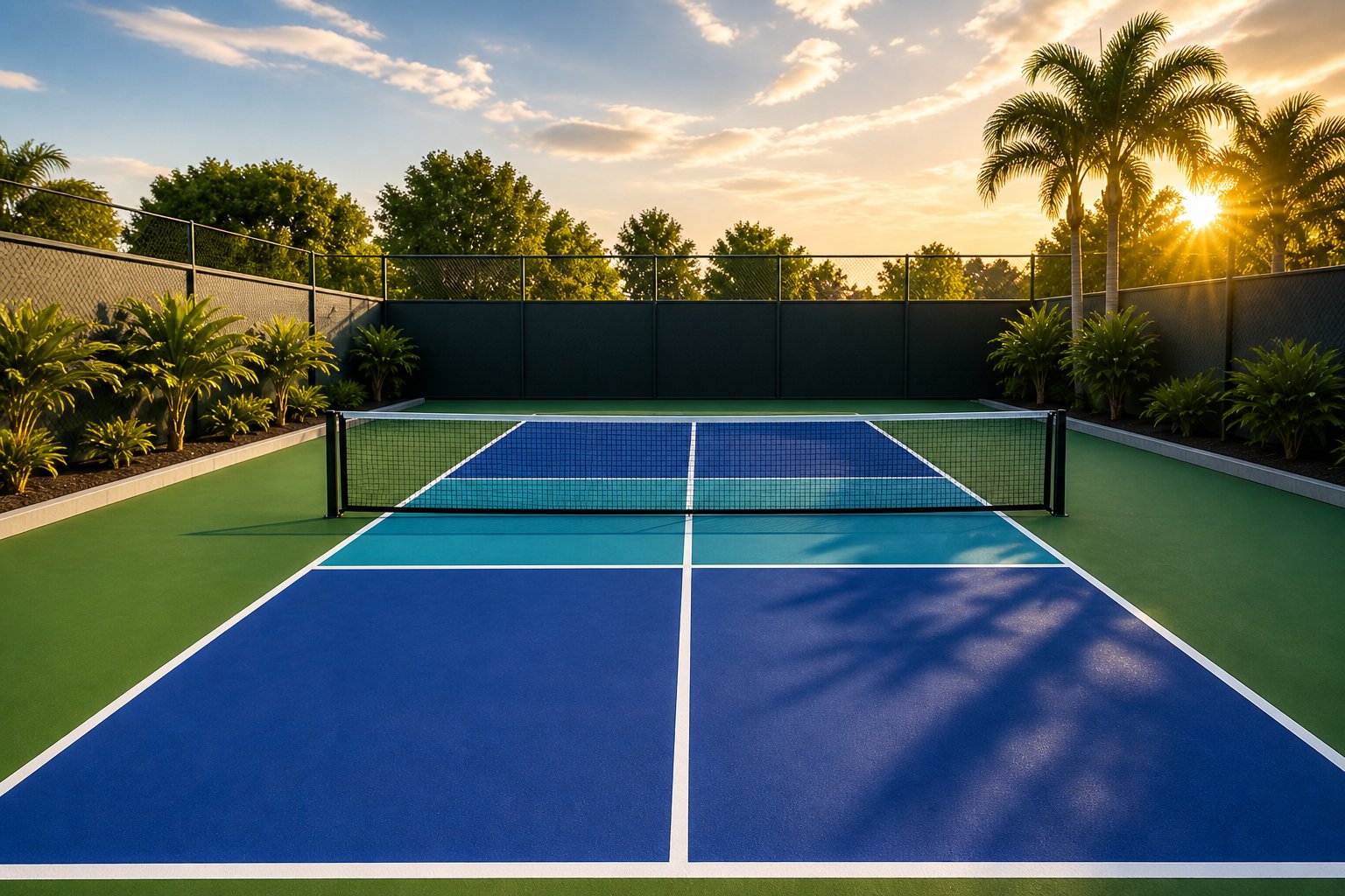 Cancha de pickleball residencial al atardecer en patio mexicano de 160 m²