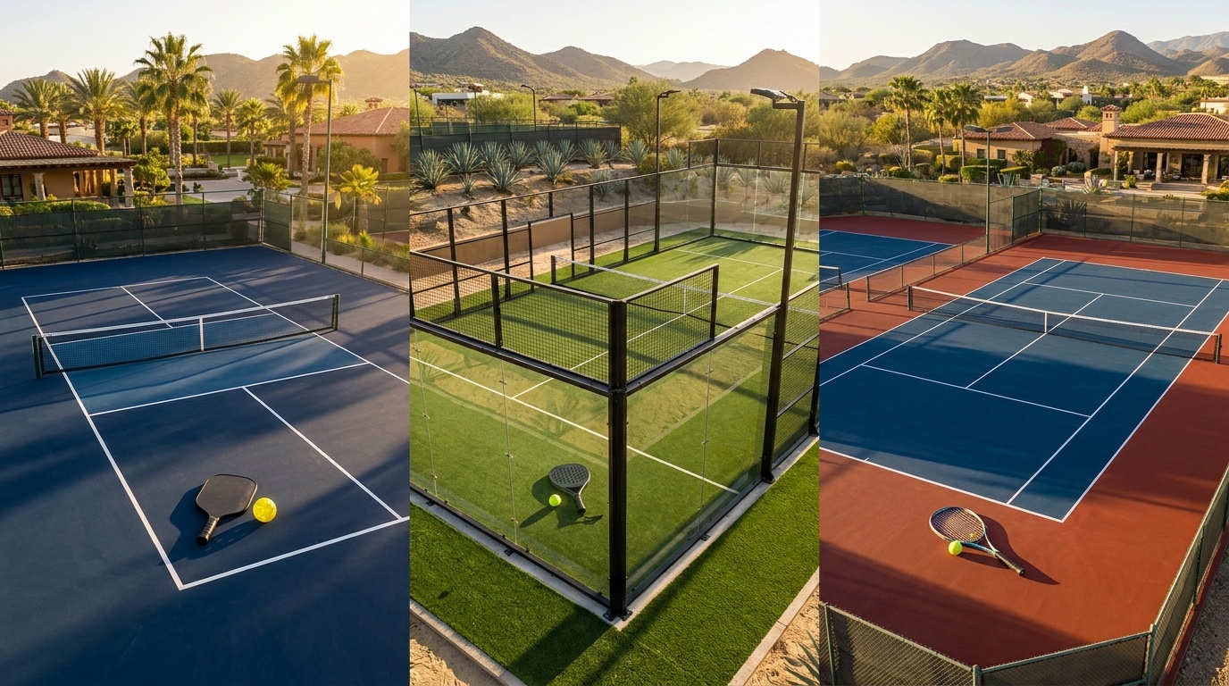 Comparativa pickleball vs pádel vs tenis: tres canchas premium lado a lado